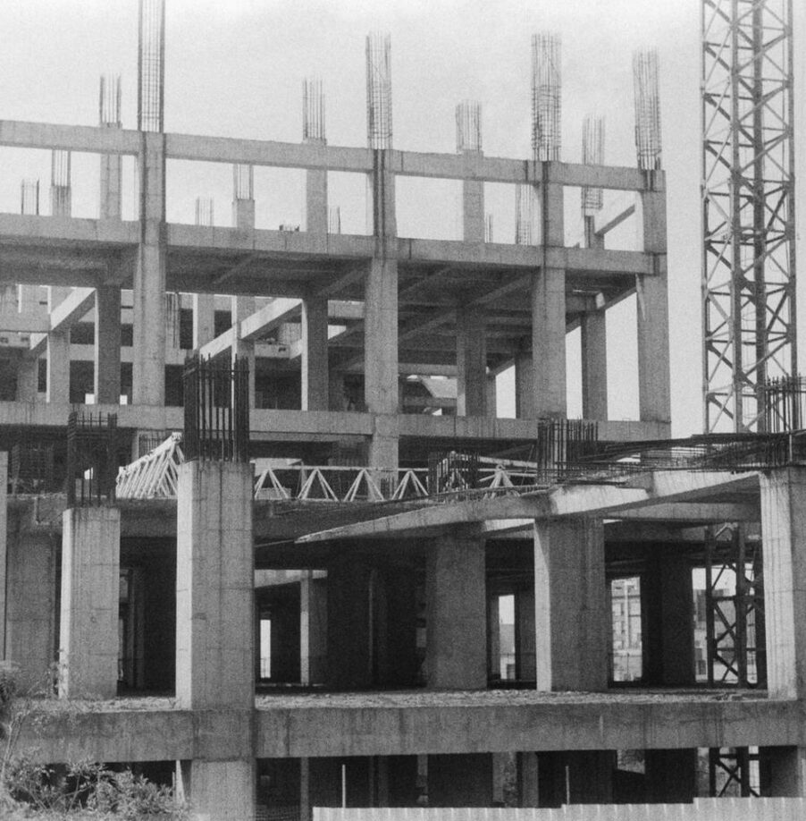 An old black and white photo of a construction site